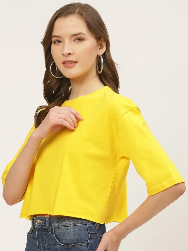 Yellow_Pure_Cotton_Self_Design_Boxy_Fit_3/4_Sleeve_T-Shirt_For_Women