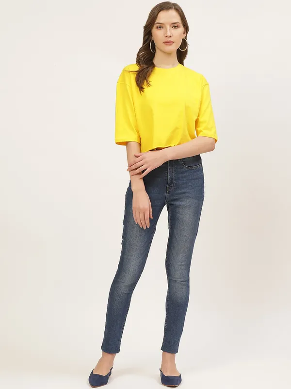 Yellow_Pure_Cotton_Self_Design_Boxy_Fit_3/4_Sleeve_T-Shirt_For_Women