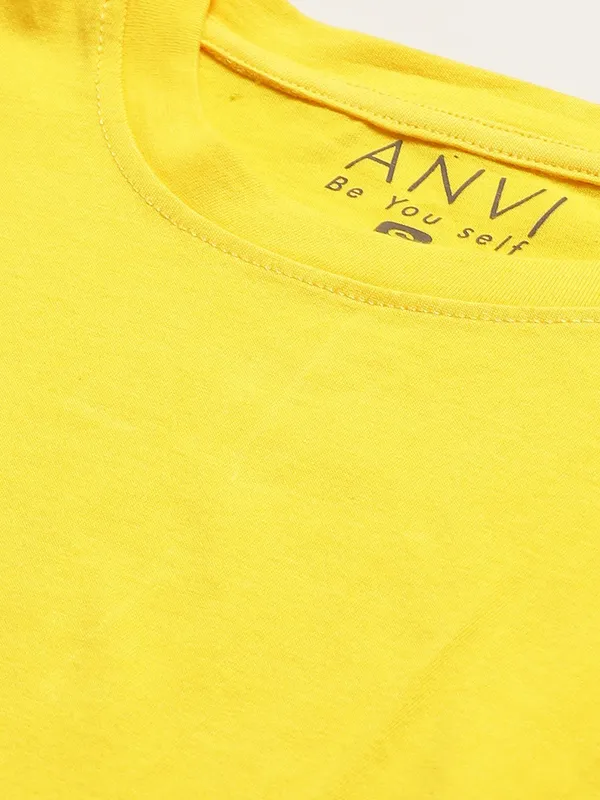 Yellow_Pure_Cotton_Self_Design_Boxy_Fit_3/4_Sleeve_T-Shirt_For_Women