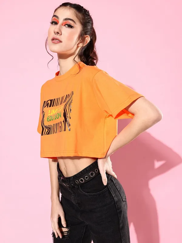 Orange_Cotton_Blend_Typography_Loose_Fit_Half_Sleeve_T-Shirt_For_Women