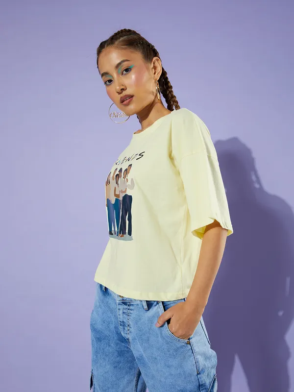 Yellow_Cotton_Blend_Typography_Loose_Fit_Half_Sleeve_T-Shirt_For_Women
