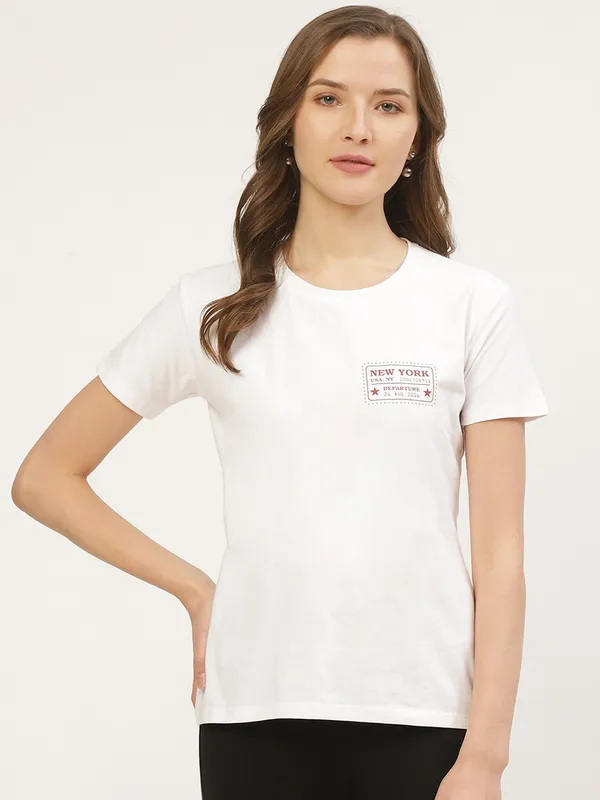 White_Pure_Cotton_Printed_Regular_Fit_Short_Sleeve_T-Shirt_For_Women