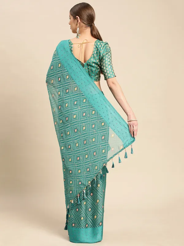 Turquoise_blue_chiffon_brasso_gold_foil_diamond_work_saree_with_blouse