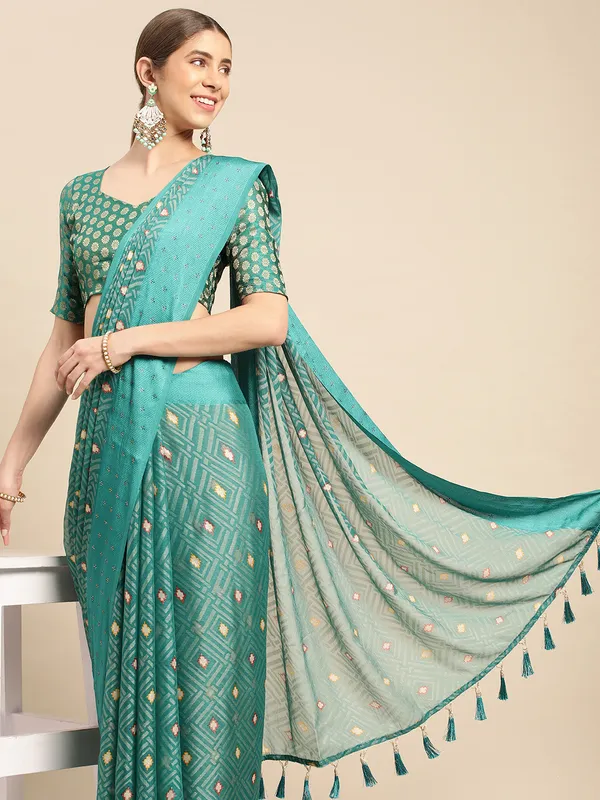 Turquoise_blue_chiffon_brasso_gold_foil_diamond_work_saree_with_blouse