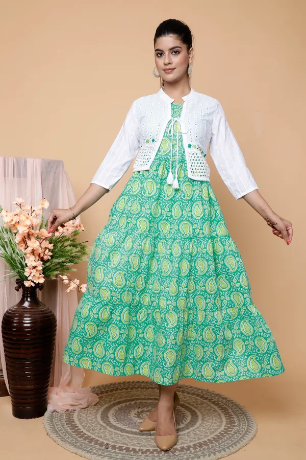Jaipur_Keri_Print_Sea_Green_Ankle_Length_Cotton_Plus_Size_Kurta/Gown_with_Schiffli_Jacket