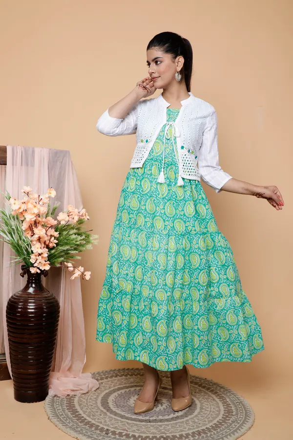 Jaipur_Keri_Print_Sea_Green_Ankle_Length_Cotton_Plus_Size_Kurta/Gown_with_Schiffli_Jacket