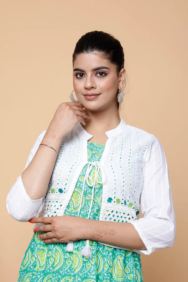 Jaipur_Keri_Print_Sea_Green_Ankle_Length_Cotton_Plus_Size_Kurta/Gown_with_Schiffli_Jacket
