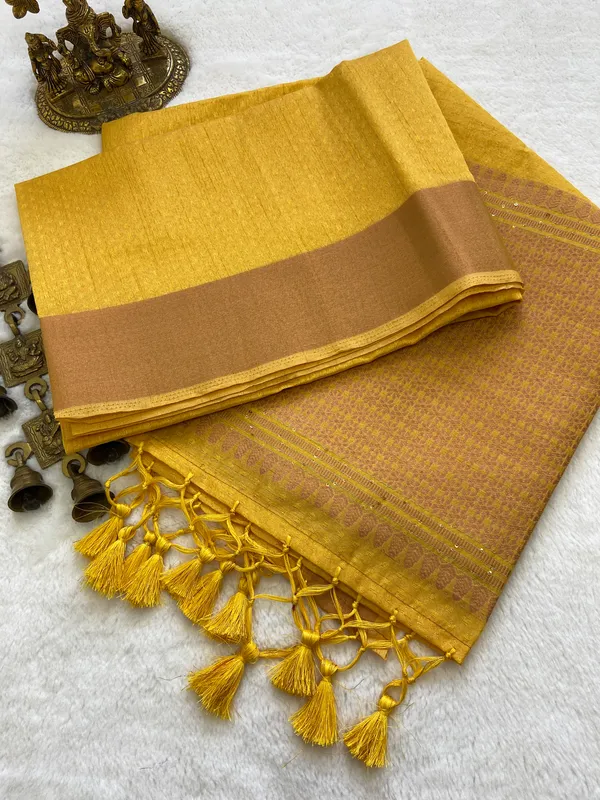 Veda_Yellow_–_Sacred_Wedding_Special_|_Soft_Banarasi_Silk_Saree_with_Pallu_Sequence_Work,_Gold_Border_&_Running_Blouse_with_Tassels
