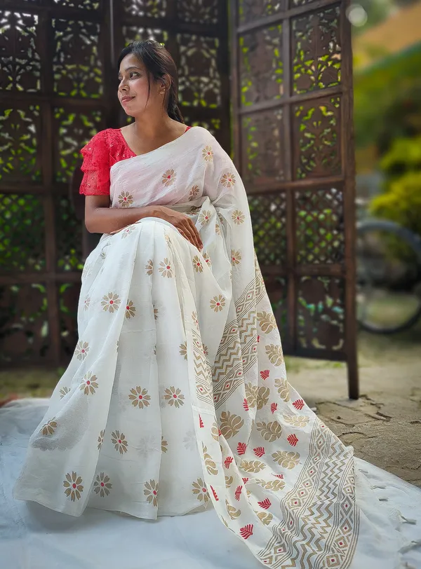 White_Printed_Handloom_Pure_Cotton_Saree