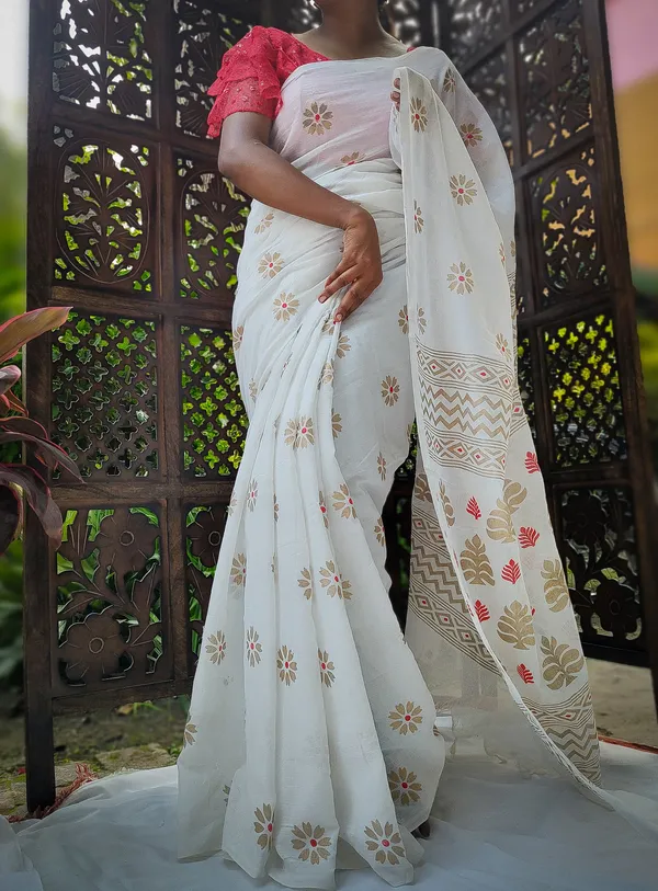 White_Printed_Handloom_Pure_Cotton_Saree