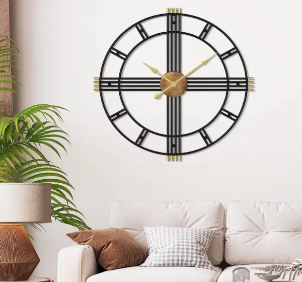 Black.Golden_&_Wooden_Shade_Iron_Premium_&_Elegant_Rust_Free_Wallclock_Of_(24_X_24)_In
