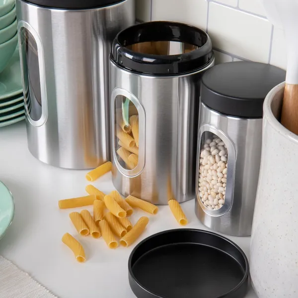 700ML_Black_Stainless_Steel_Canister_Glass_Jar_With_Lid,Premium_Pantry_Organizers_Containers_&_Perfect_Kitchen_Storage_For_Canning_Cereal,Pasta_&_Beans_Containers_Set_Of_6