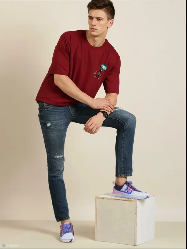 Maroon_Oversized_Printed_Half_Sleeve_Cotton_T-Shirt_For_Men