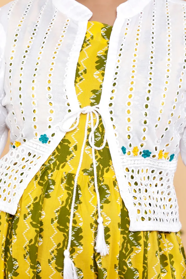 Yellow_Zig_Zag_Printed_Cotton_Anarkali_Plus_Size_Kurta/Gown__With_Schiffli_Jacket