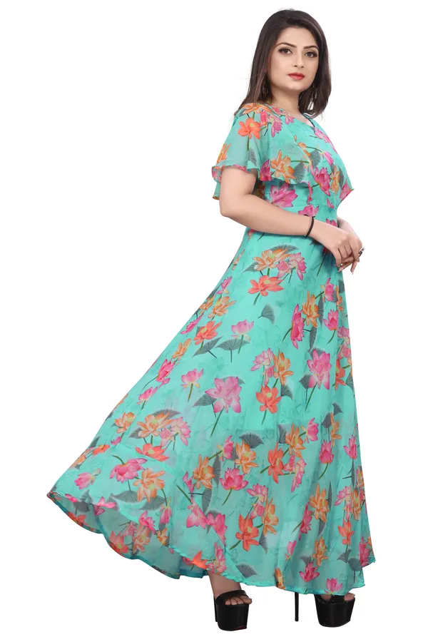 Aqua_Blue_Regular_Flared_Sleeves_Georgette_Short_Sleeve_Stitched_Long_Gown_For_Women