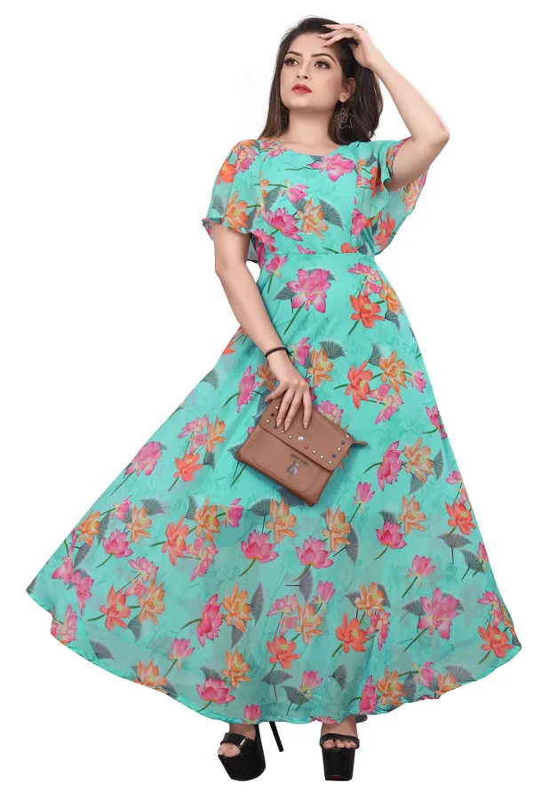 Aqua_Blue_Regular_Flared_Sleeves_Georgette_Short_Sleeve_Stitched_Long_Gown_For_Women