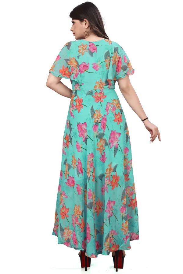 Aqua_Blue_Regular_Flared_Sleeves_Georgette_Short_Sleeve_Stitched_Long_Gown_For_Women