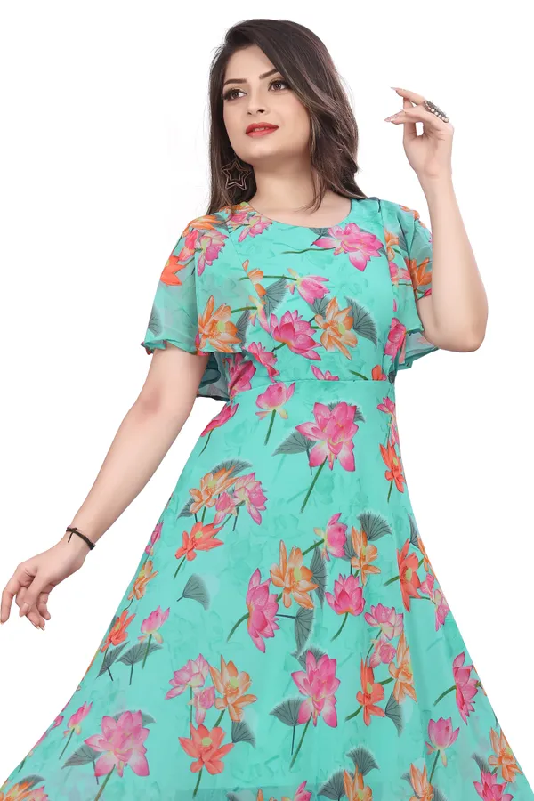 Aqua_Blue_Regular_Flared_Sleeves_Georgette_Short_Sleeve_Stitched_Long_Gown_For_Women
