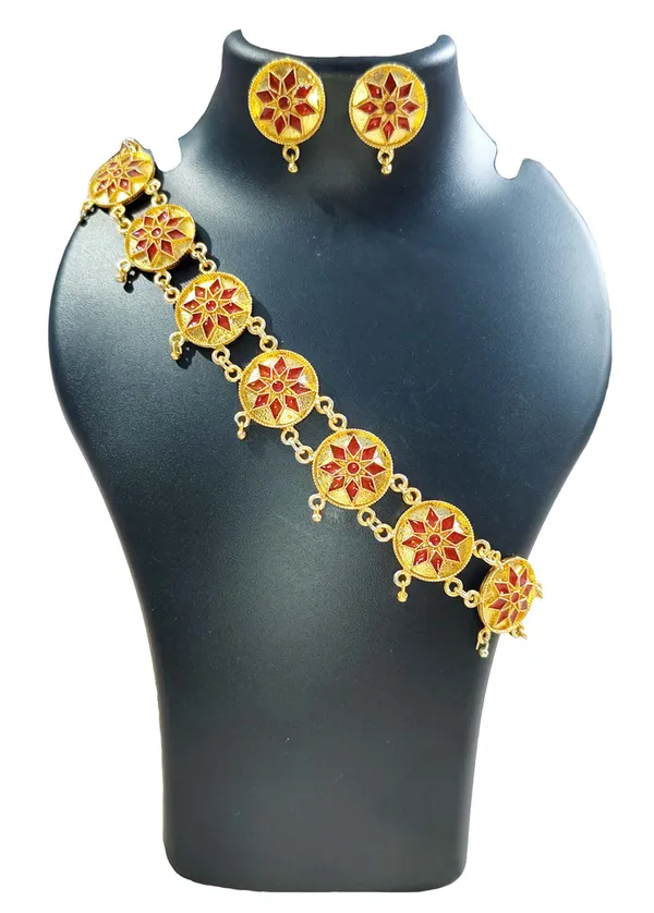 Assamese_Traditional_Gold_Plated_Red_Colour_Japi_Golpata_Necklace_Choker_For_Girls_&_Women