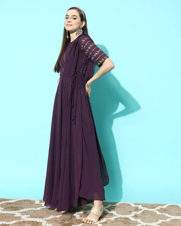 Purple_Georgette_Sequence_Zari_Embroidery_A_Line_Gown_With_Attached_Dupatta_For_Women