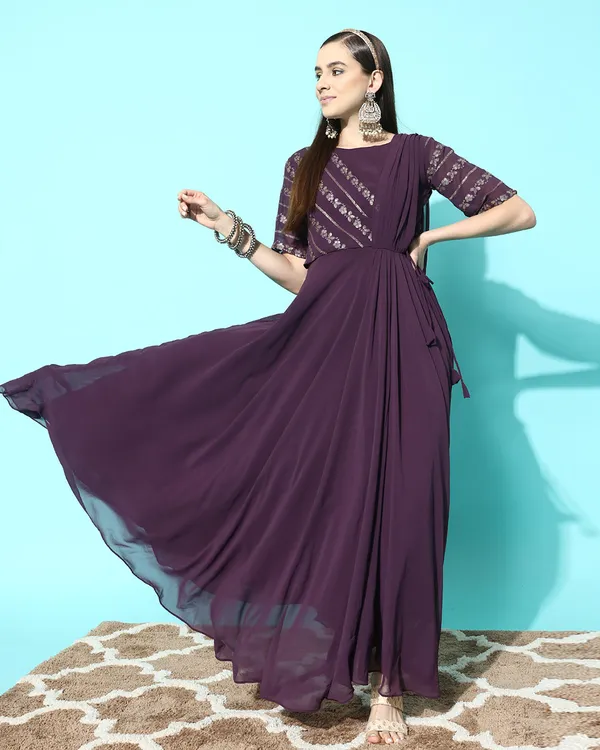 Purple_Georgette_Sequence_Zari_Embroidery_A_Line_Gown_With_Attached_Dupatta_For_Women