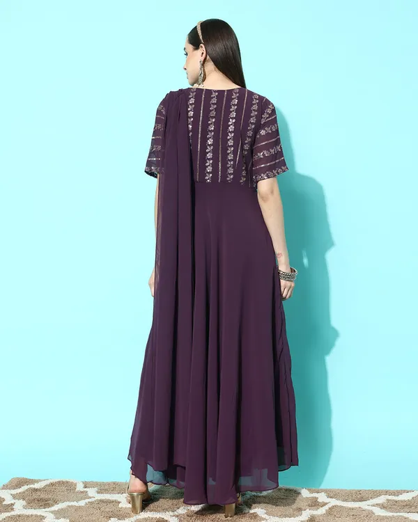 Purple_Georgette_Sequence_Zari_Embroidery_A_Line_Gown_With_Attached_Dupatta_For_Women