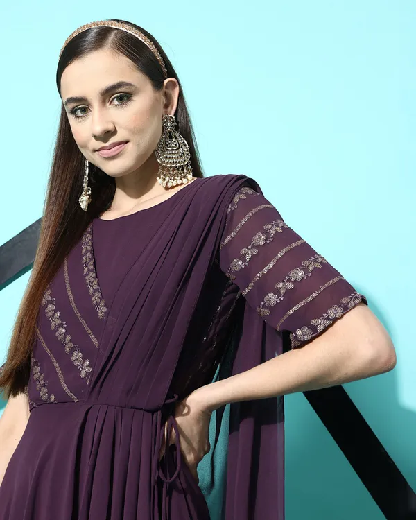 Purple_Georgette_Sequence_Zari_Embroidery_A_Line_Gown_With_Attached_Dupatta_For_Women