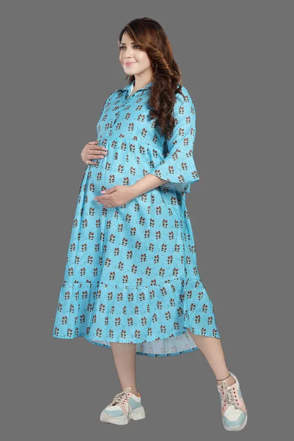 Airforce_Colled_Maternity_Dress_|_Linen_Leaf_Shadow_Prints_Feeding_Dress_For_Women
