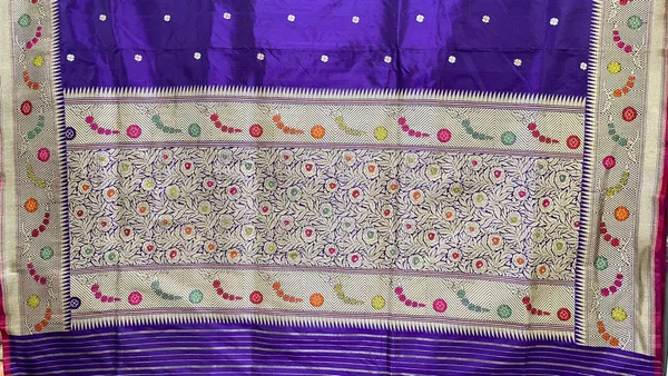 Humairah_Pure_Handwoven_Navy_Blue_Katan_Silk_Sona_Rupa_Kadhwa_Chunri_Booti_and_Kadhwa_Floral_Mina_Zari_Border_and_Pallu_with_Golden_Stripe_Navy_Blue_Blouse