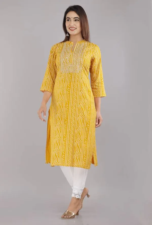 Mustard_Rayon_Bhandej_Print_Regular_Wear_Kurti_Set