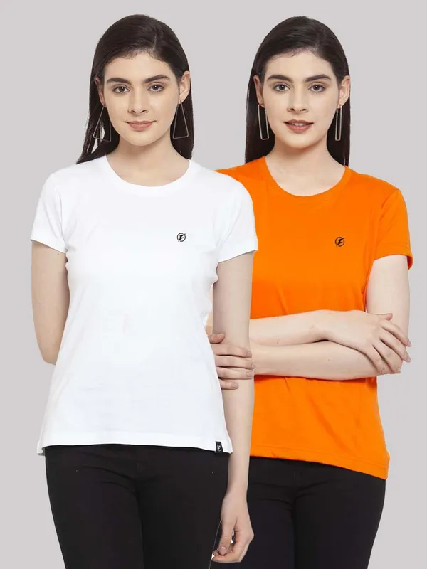Pack_of_2_White_&_Orange_Cotton_Round_Neck_Short_Sleeves_T-Shirt_For_Women
