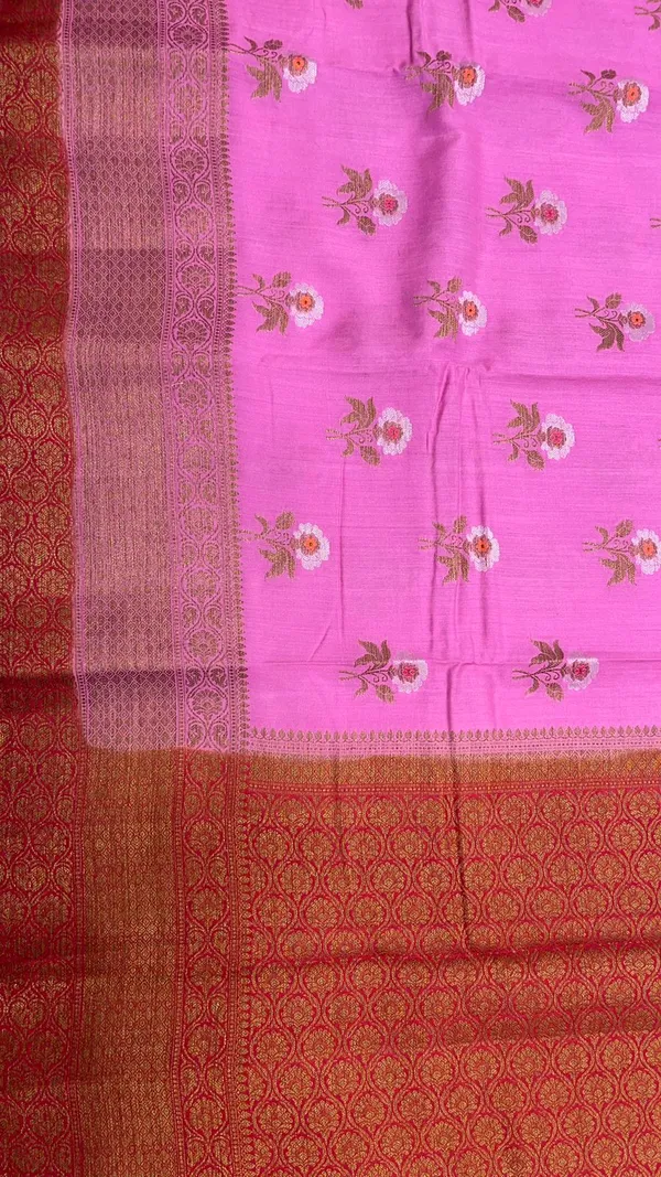Humairah_Pure_Handwoven_Pink_Muga_Silk_Zari_Mina_Floral_Booti_Contrast_Red_Anchal_Copper_Zari_Border_Banarasi_Saree_with_Red_Blouse_Piece