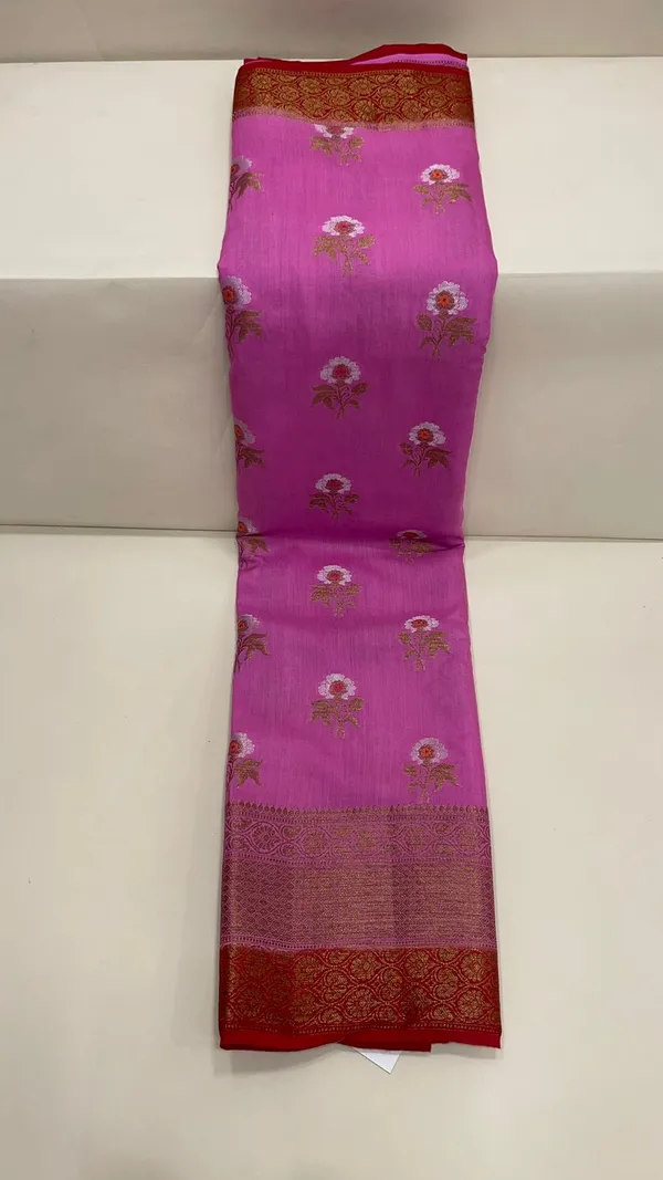Humairah_Pure_Handwoven_Pink_Muga_Silk_Zari_Mina_Floral_Booti_Contrast_Red_Anchal_Copper_Zari_Border_Banarasi_Saree_with_Red_Blouse_Piece