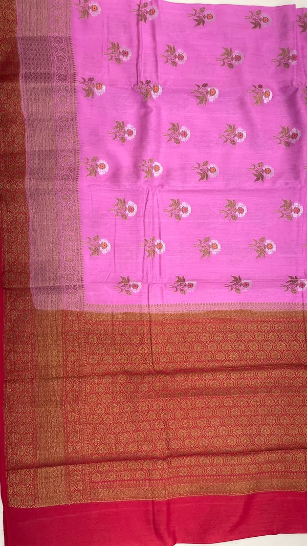 Humairah_Pure_Handwoven_Pink_Muga_Silk_Zari_Mina_Floral_Booti_Contrast_Red_Anchal_Copper_Zari_Border_Banarasi_Saree_with_Red_Blouse_Piece