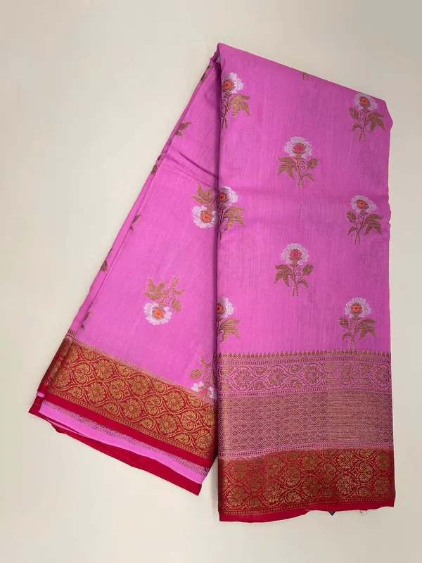 Humairah_Pure_Handwoven_Pink_Muga_Silk_Zari_Mina_Floral_Booti_Contrast_Red_Anchal_Copper_Zari_Border_Banarasi_Saree_with_Red_Blouse_Piece