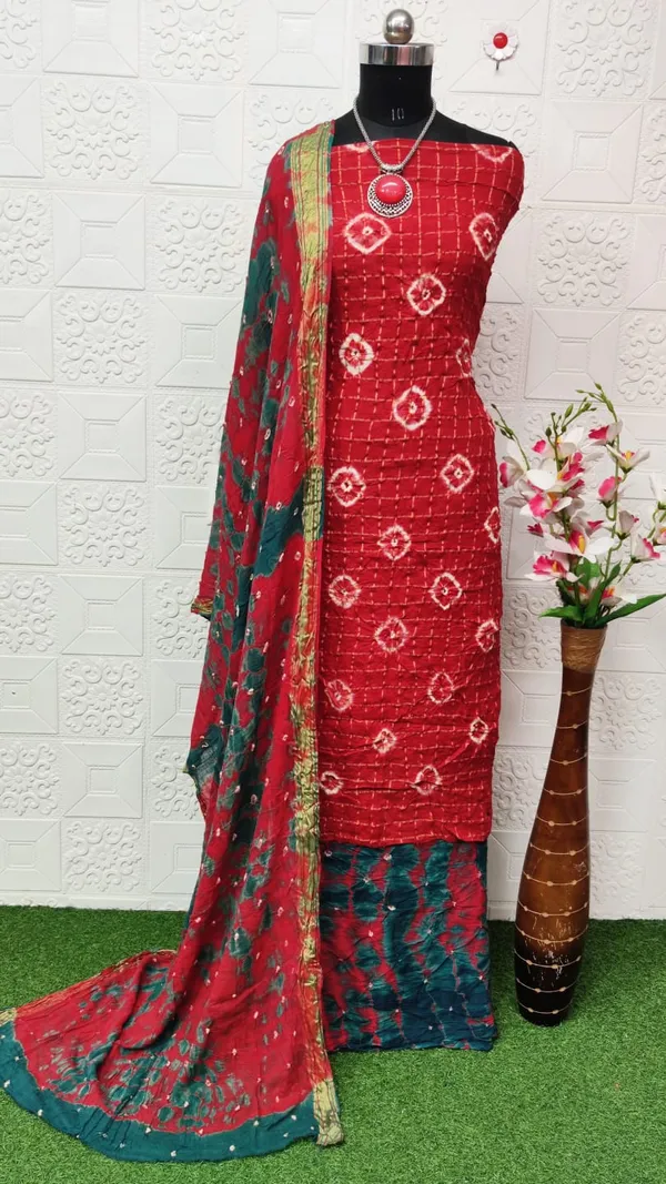 Unstitched_Suit_Dress_Material_|_Beauty_Queen_Chex_Pure_Cotton_Hand_Bandhej_Bandhani_|_Premium_Unstitched_Suit_Material_For_Her_|_4.25_Meter_Top_&_Bottom_With_2_Meter_Dupatta