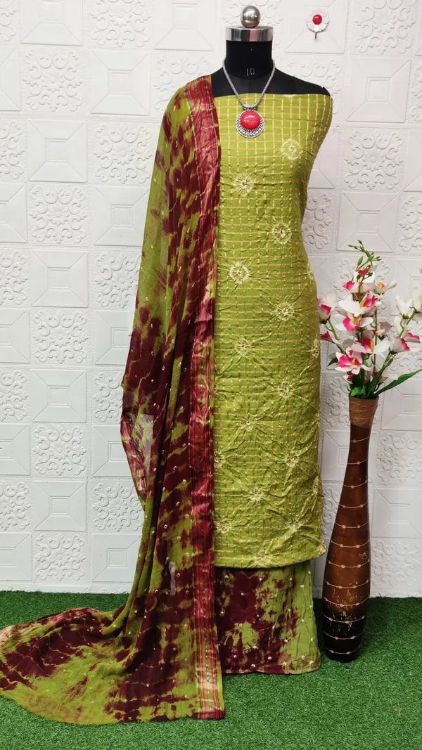 Unstitched_Suit_Dress_Material_|_Beauty_Queen_Chex_Pure_Cotton_Hand_Bandhej_Bandhani_|_Premium_Unstitched_Suit_Material_For_Her_|_4.25_Meter_Top_&_Bottom_With_2_Meter_Dupatta