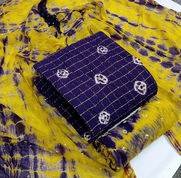 Unstitched_Suit_Dress_Material_|_Beauty_Queen_Pure_Cotton_Chex_Hand_Bandhej_Bandhani_|_Premium_Unstitched_Suit_Material_For_Her_|_4.25_Meter_Top_&_Bottom_With_2_Meter_Dupatta