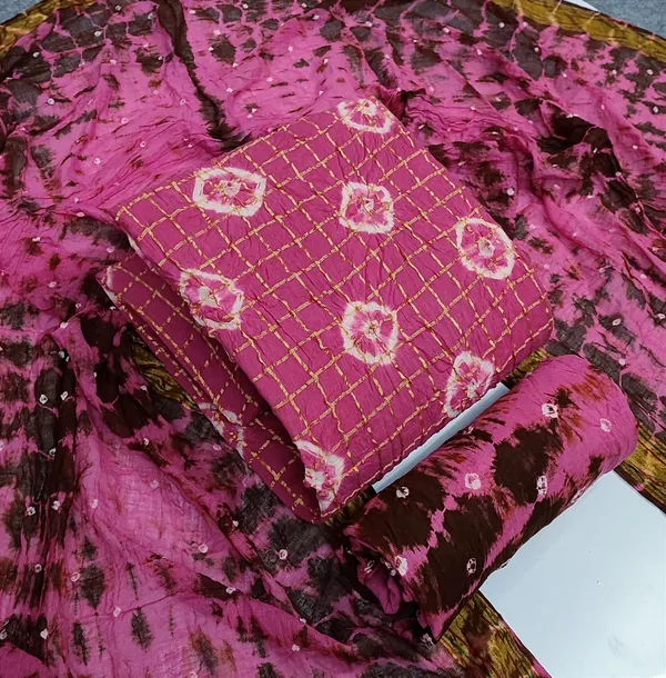 Unstitched_Suit_Dress_Material_|_Beauty_Queen_Pure_Cotton_Chex_Hand_Bandhej_Bandhani_|_Premium_Unstitched_Suit_Material_For_Her_|_4.25_Meter_Top_&_Bottom_With_2_Meter_Dupatta