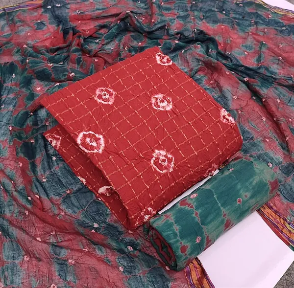 Unstitched_Suit_Dress_Material_|_Beauty_Queen_Pure_Cotton_Chex_Hand_Bandhej_Bandhani_|_Premium_Unstitched_Suit_Material_For_Her_|_4.25_Meter_Top_&_Bottom_With_2_Meter_Dupatta