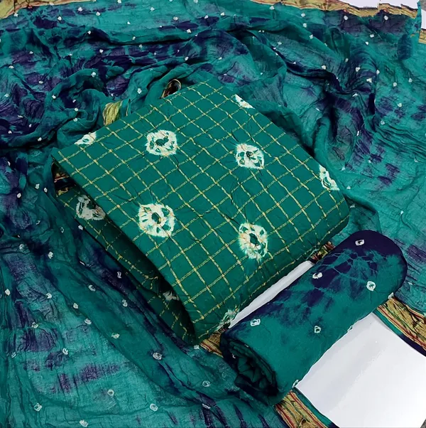 Unstitched_Suit_Dress_Material_|_Beauty_Queen_Pure_Cotton_Chex_Hand_Bandhej_Bandhani_|_Premium_Unstitched_Suit_Material_For_Her_|_4.25_Meter_Top_&_Bottom_With_2_Meter_Dupatta