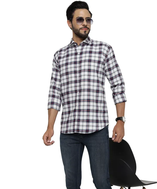 White_Color_Spread_Collar_Cotton__Check_Shirt