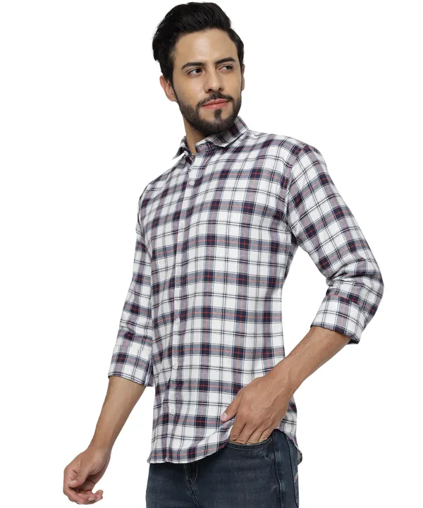 White_Color_Spread_Collar_Cotton__Check_Shirt