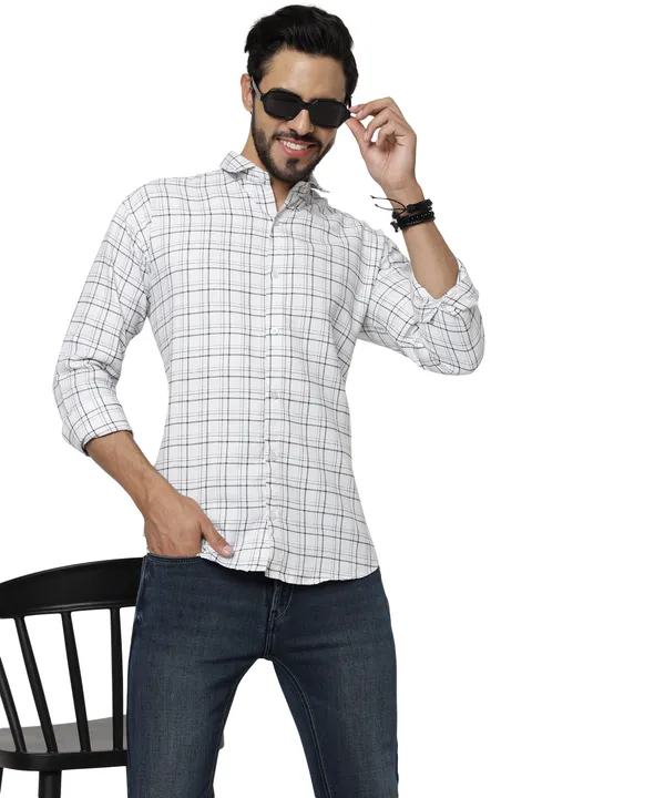 White_Color_Spread_Collar_Cotton__Check_Shirt