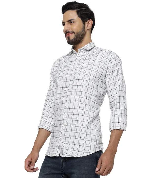 White_Color_Spread_Collar_Cotton__Check_Shirt