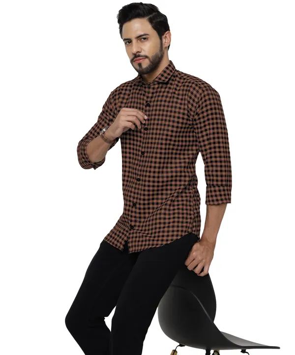 Khaki_Color_Spread_Collar_Cotton__Check_Shirt