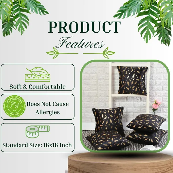 Velvet_Cushion_Covers_Set_of_5_Pcs,_Soft_Decorative_Faux_Fur_Throw_Pillow_Covers_with_Golden_Feather_Print_for_Sofa,_Couch,_Bed,_Living_Room_-_Black-250_TC_16x16_Inch