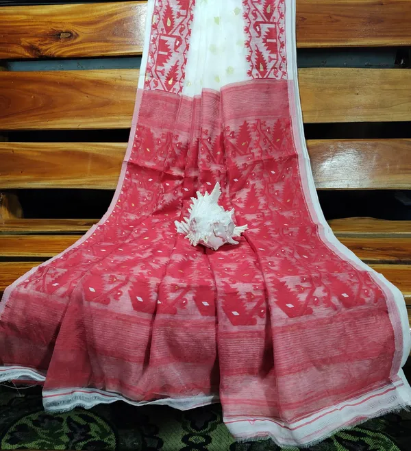 White_Self_Design_Jamdani_Cotton_Silk_Saree