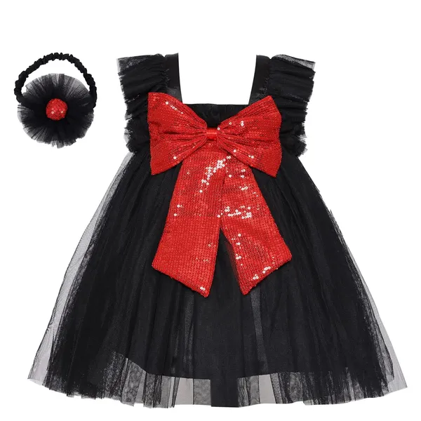 Black_Net_Bow_Detailed_Square_Neck_Dress_For_Girls