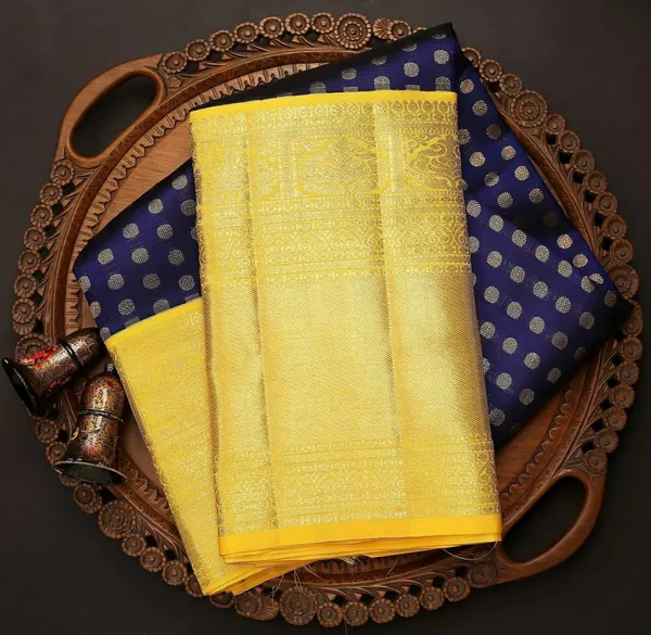 Blue,_Yellow_Self_Design_Kanjivaram_Silk_Saree_with_Saree_Cover